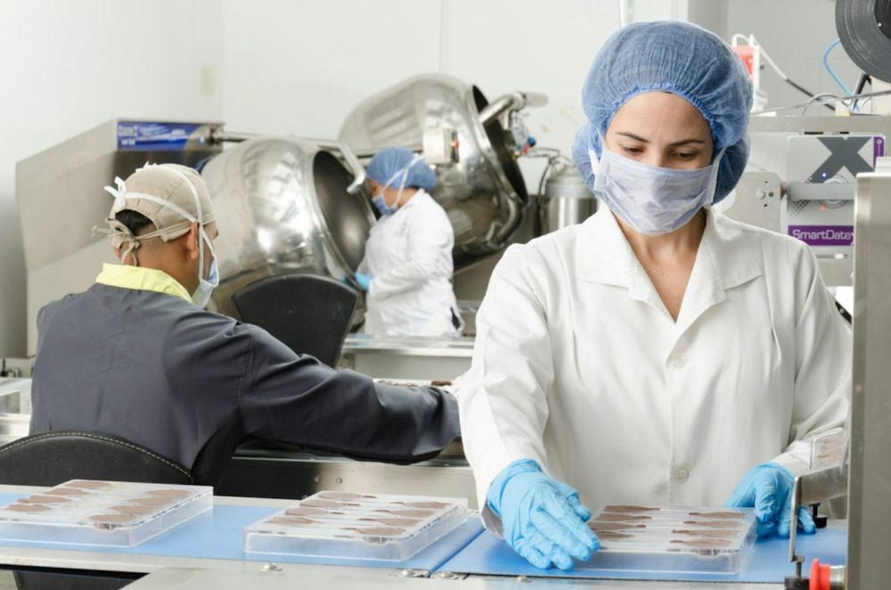 Production staff in hairnets and gloves at a food processing line