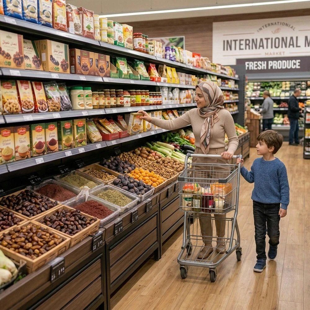 Woman in a hijab shopping for groceries with her son in a halal market aisle