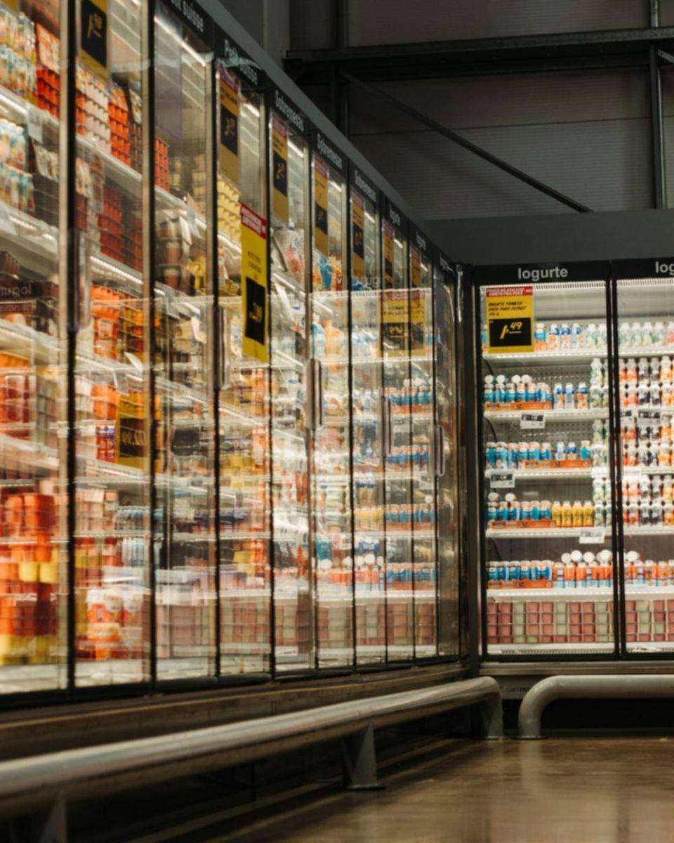 Refrigerated display cases in a grocery store